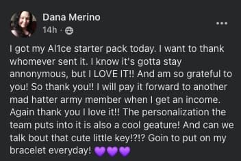 Dana Merino's Facebook post about receiving her AL1CE starter pack